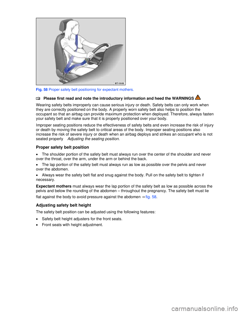 VOLKSWAGEN JETTA SPORTWAGEN 2012  Owners Manual  
 
 
Fig. 58 Proper safety belt positioning for expectant mothers. 
�