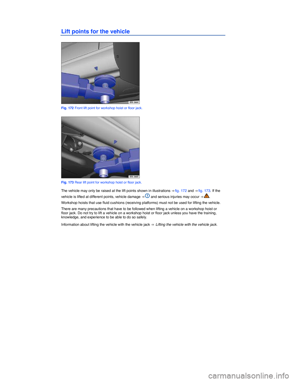 VOLKSWAGEN JETTA 2018  Owners Manual  
Lift points for the vehicle 
 
Fig. 172 Front lift point for workshop hoist or floor jack. 
 
Fig. 173 Rear lift point for workshop hoist or floor jack. 
The vehicle may only be raised at the lift p