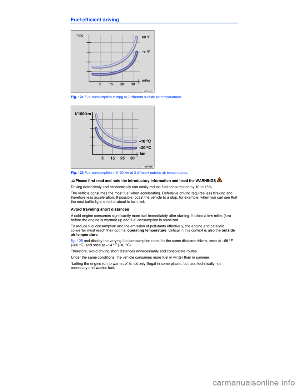 VOLKSWAGEN JETTA 2012  Owners Manual  
Fuel-efficient driving 
 
Fig. 124 Fuel consumption in mpg at 2 different outside air temperatures. 
 
Fig. 125 Fuel consumption in l/100 km at 2 different outside air temperatures. 
�
