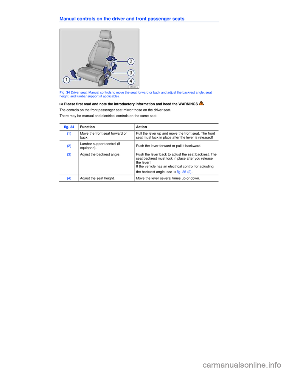 VOLKSWAGEN JETTA 2011  Owners Manual  
Manual controls on the driver and front passenger seats 
 
Fig. 34 Driver seat: Manual controls to move the seat forward or back and adjust the backrest angle, seat height, and lumbar support (if ap