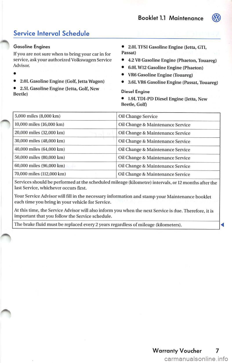 VOLKSWAGEN JETTA 2009 Owners Manual Service Interval Schedule
Gasoline Engin es
I f yo u are not sur e wh en
to b rin g yo ur c ar in fo r
serv ice, ask yo ur auth ori ze d V olkswagen Serv ice
Adv isor.
•
• 2.0L G as VOLKSWAGEN JETTA 2009 Owners Manual Service Interval Schedule
Gasoline Engin es
I f yo u are not sur e wh en
to b rin g yo ur c ar in fo r
serv ice, ask yo ur auth ori ze d V olkswagen Serv ice
Adv isor.
•
• 2.0L G as