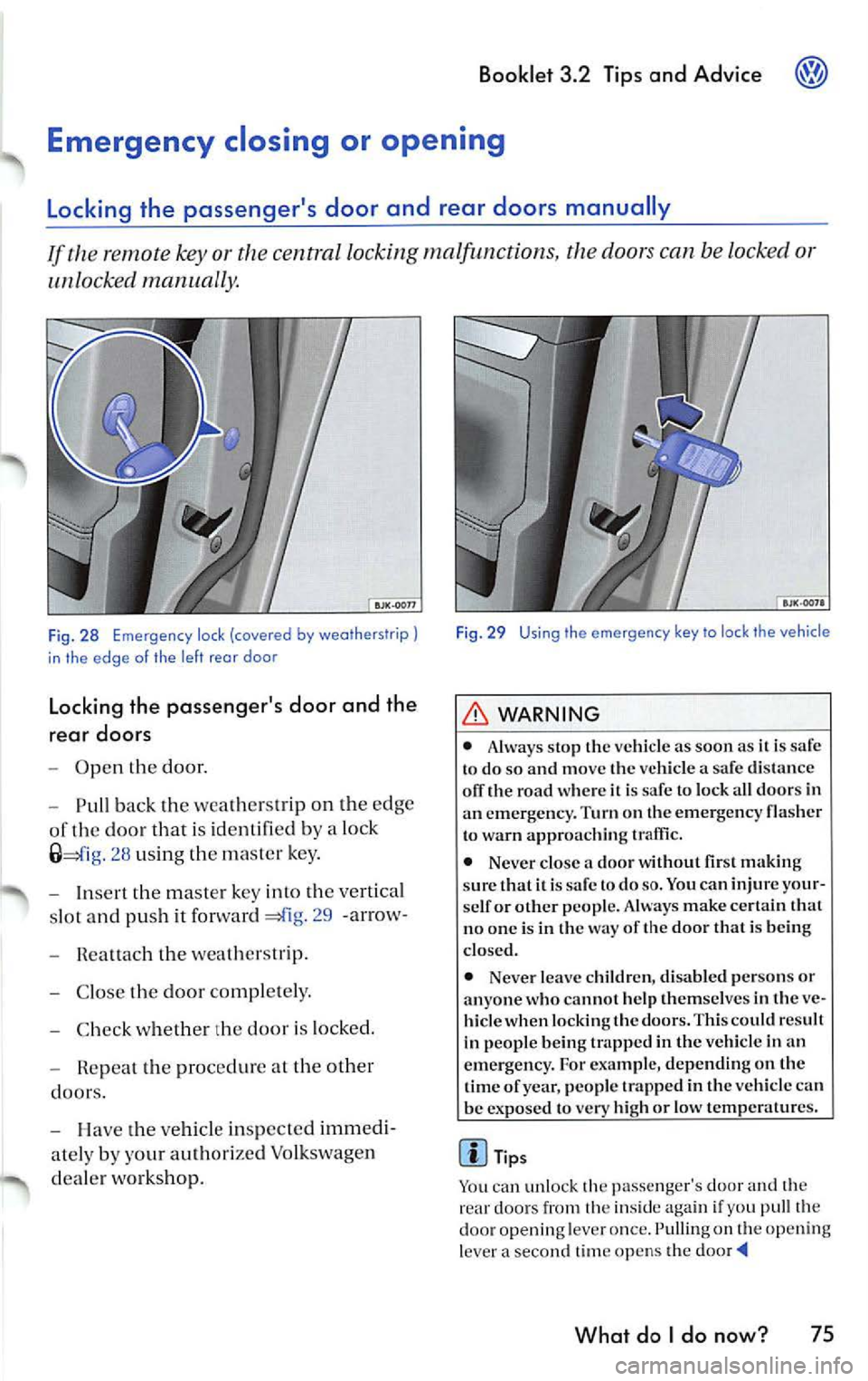 VOLKSWAGEN JETTA 2008  Owners Manual Booklet  3.2  Tips  and Advice 
or th e centra l locking  malfunctions,  th e  doors  can be locked o r 
unlocked  manually. 
Fig. 28  Emergen cy  lock (covered  by weatherstrip) 
in  the edge  o f th