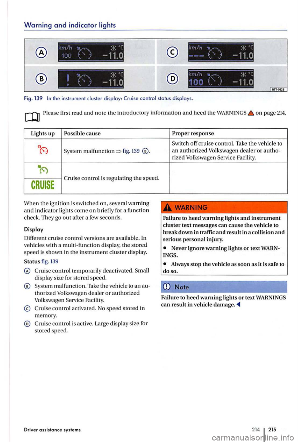 VOLKSWAGEN GOLF PLUS 2012 Owners Manual Warning and indicator lights
-
. .
r
Fig. 139 the instrument display : Cruise contro l status displays.
on p age 214.
Light s up Possible cause
139
control is regulating the speed.
When VOLKSWAGEN GOLF PLUS 2012 Owners Manual Warning and indicator lights
-
. .
r
Fig. 139 the instrument display : Cruise contro l status displays.
on p age 214.
Light s up Possible cause
139
control is regulating the speed.
When