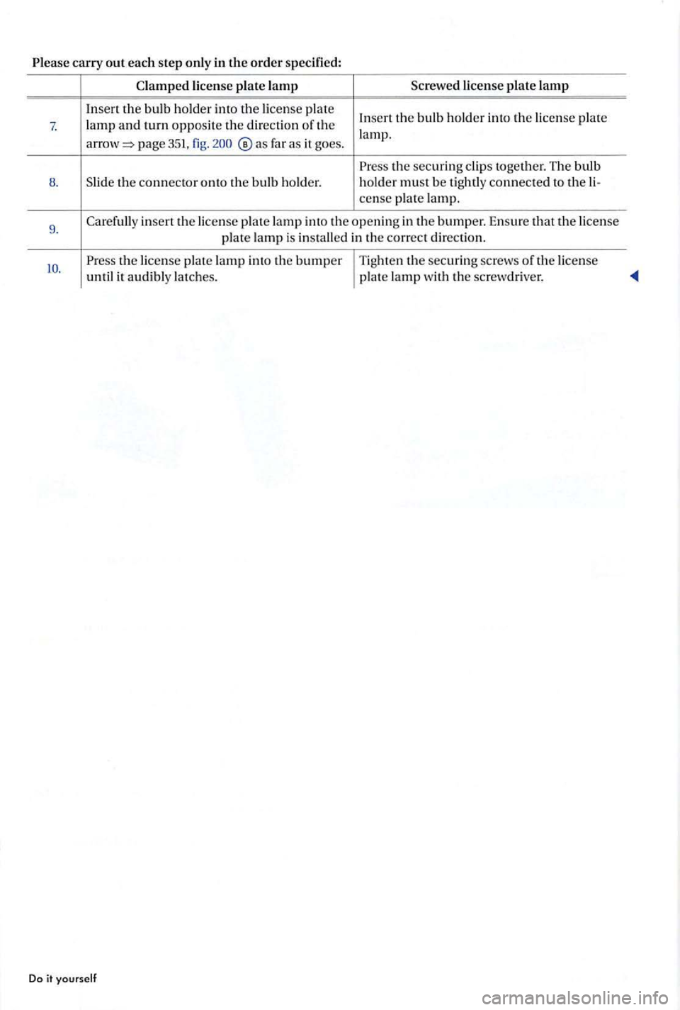VOLKSWAGEN GOLF PLUS 2012  Owners Manual Please carry out each ste p only  in the order sp ec ified: 
Clampe d  lic en se  pla te  lamp licen se  plate  lamp 
I n se rt th e  bu lb  h old e r in to  th e lice nse  pla te Inse rt the bulb h o