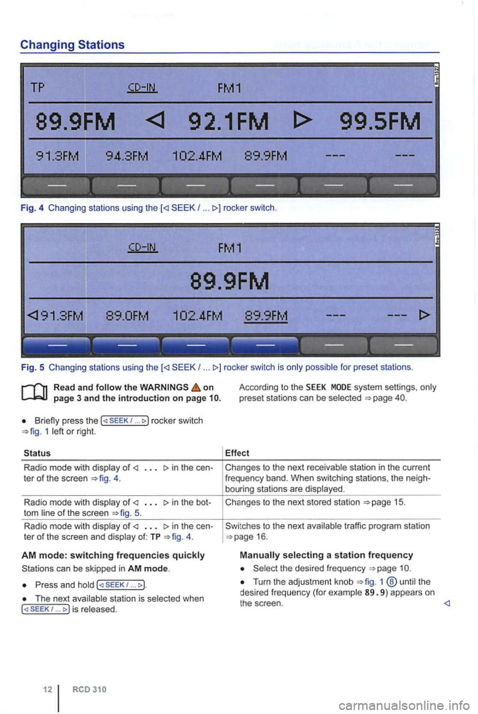 VOLKSWAGEN GOLF PLUS 2012  Owners Manual Changing Stations 
TP FM1 
89.9FM  92.1FM 
. 
. 
------ --- ---------
Fig. 5 Changing  stations  using the  (<l I ... l>) rocke r switch  is for preset  stations . 
Read and the on page 3 and the intr