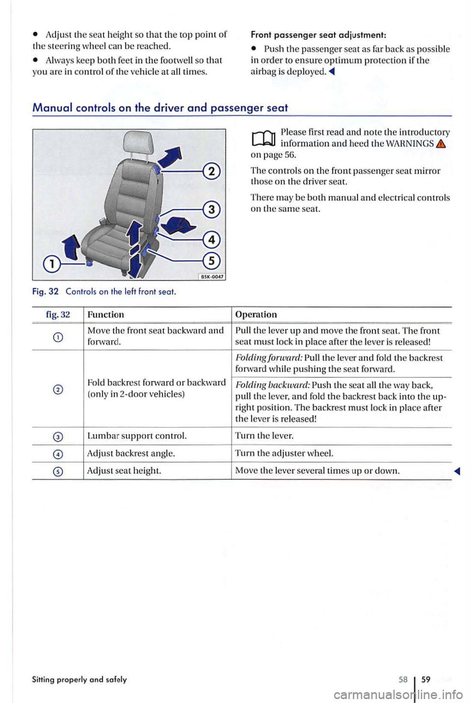 VOLKSWAGEN GOLF PLUS 2012 Owners Manual Always keep both feet in the foorwell so that
yo u are in co ntrol o f the ve hicl e at all times.
Front passenger seat adjustment:
o n the driver and passenger seat
Fi g. 32 Contro ls on t VOLKSWAGEN GOLF PLUS 2012 Owners Manual Always keep both feet in the foorwell so that
yo u are in co ntrol o f the ve hicl e at all times.
Front passenger seat adjustment:
o n the driver and passenger seat
Fi g. 32 Contro ls on t