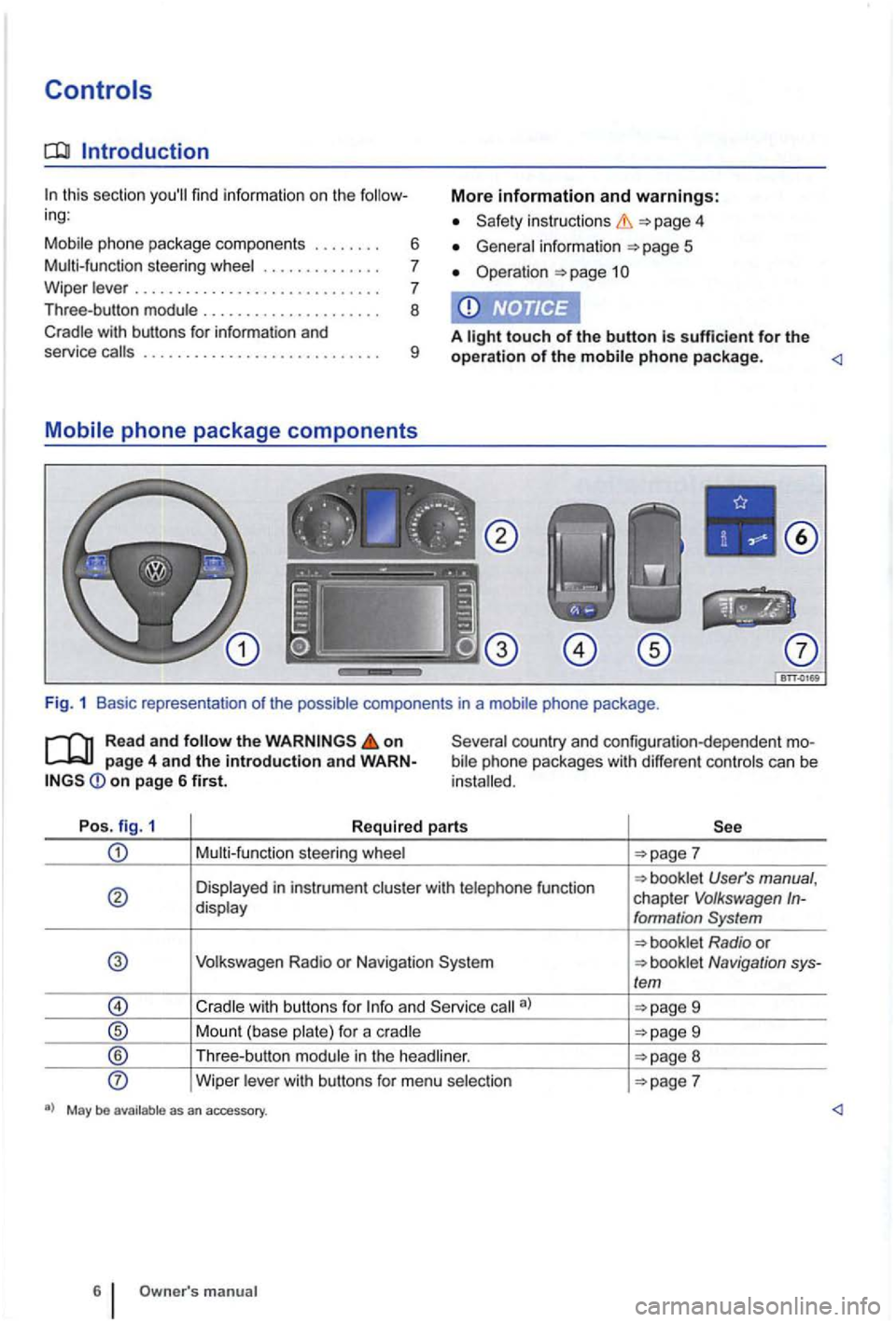 VOLKSWAGEN GOLF PLUS 2007  Owners Manual Introduction 
In this section  youll  find information  on the  follow ­
ing : 
Mobil e phone  package  component s 
....... . 
Multi-func tion  stee
ring whee l .............  . 
W ipe r leve r 
..