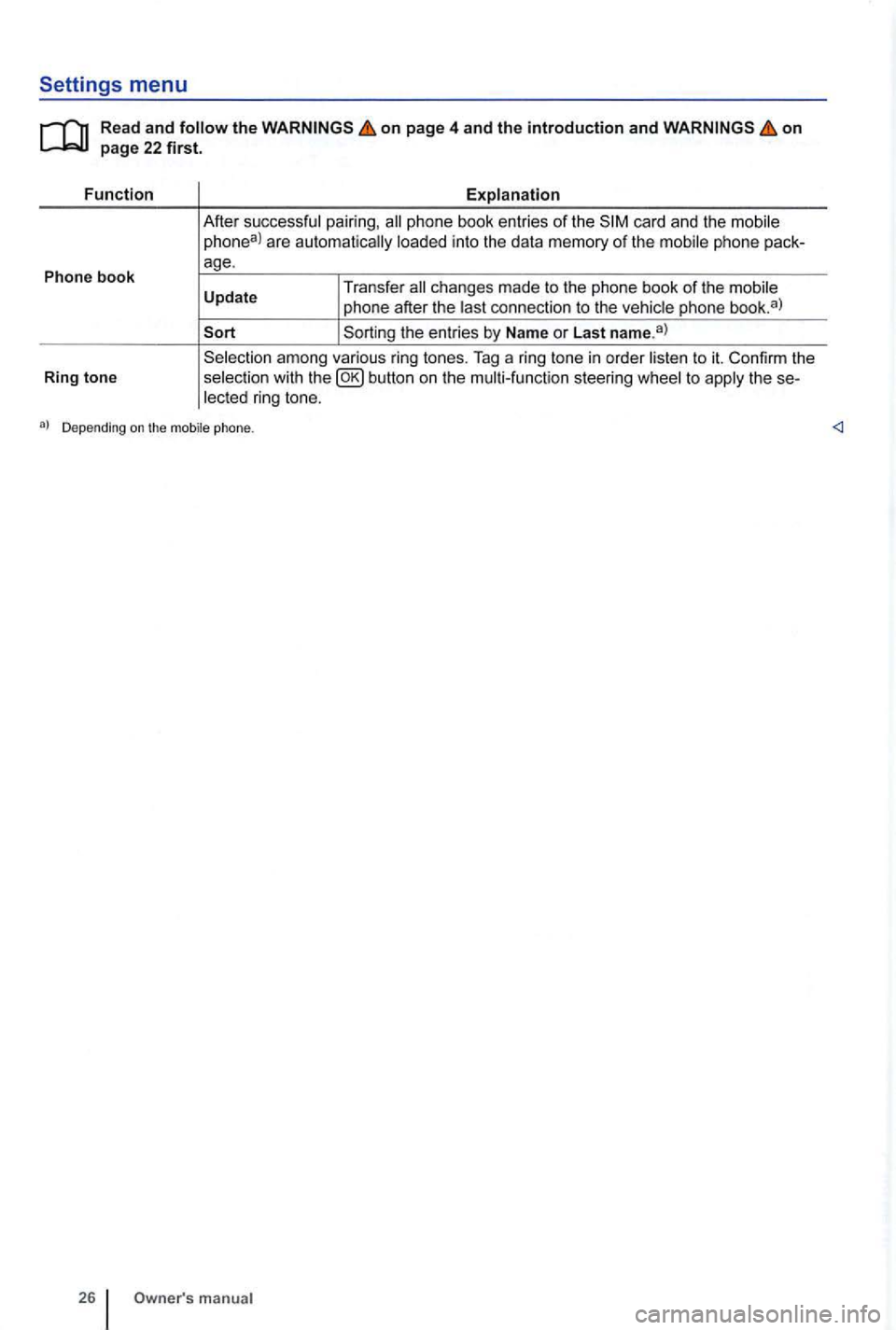 VOLKSWAGEN GOLF PLUS 2007  Owners Manual Settings menu 
Read and follow the on page 4 and the introduction and on 
phone  book entries of the phone 
phone  after the last  connection  to the  vehic le  phone  book. a ) 
among  various  ring 