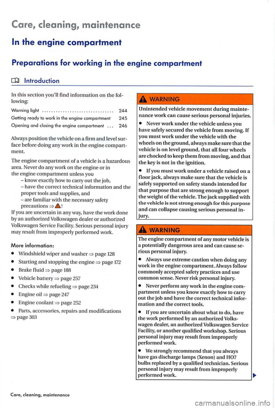 VOLKSWAGEN GOLF PLUS 2006  Owners Manual Introduction 
In thi s sectio n youll find  information  on the lowing: 
Warning light . .  . . . . . . . .  . . . . . . . . .  . . . . .  . . . . 244 
Getting ready to  work in  the  engine comportm