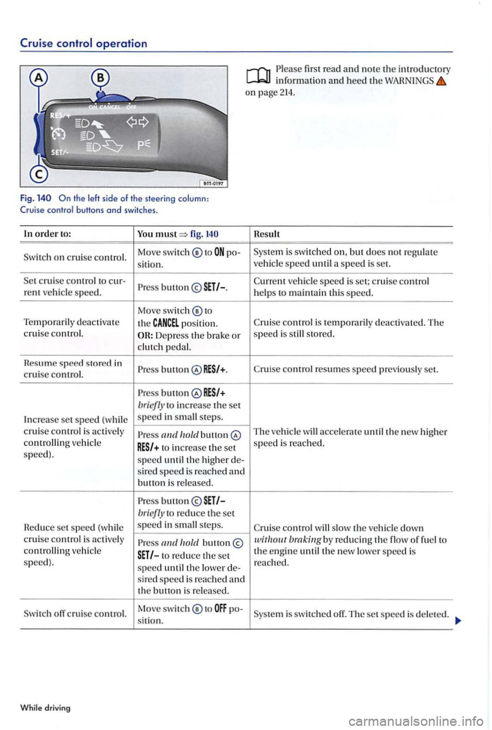 VOLKSWAGEN GOLF PLUS 2004 Owners Manual Cruise control operation
Fig.
order to: You fig.
o n cruise control. Move
switch ® to po-
s
it i o n.
c ruise control to cur-button rent ve hicle speed.
Move swi tc h ® to
Temp oraril y VOLKSWAGEN GOLF PLUS 2004 Owners Manual Cruise control operation
Fig.
order to: You fig.
o n cruise control. Move
switch ® to po-
s
it i o n.
c ruise control to cur-button rent ve hicle speed.
Move swi tc h ® to
Temp oraril y