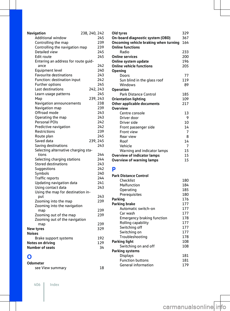 VOLKSWAGEN ID.5 2022  Owners Manual Navigation
238, 240, 242
Additional window 245
Controlling the map 239
Controlling the navigation map 239
Detailed view 245
Edit route 245
Entering an address for route guid- ance 242
Equipment level 