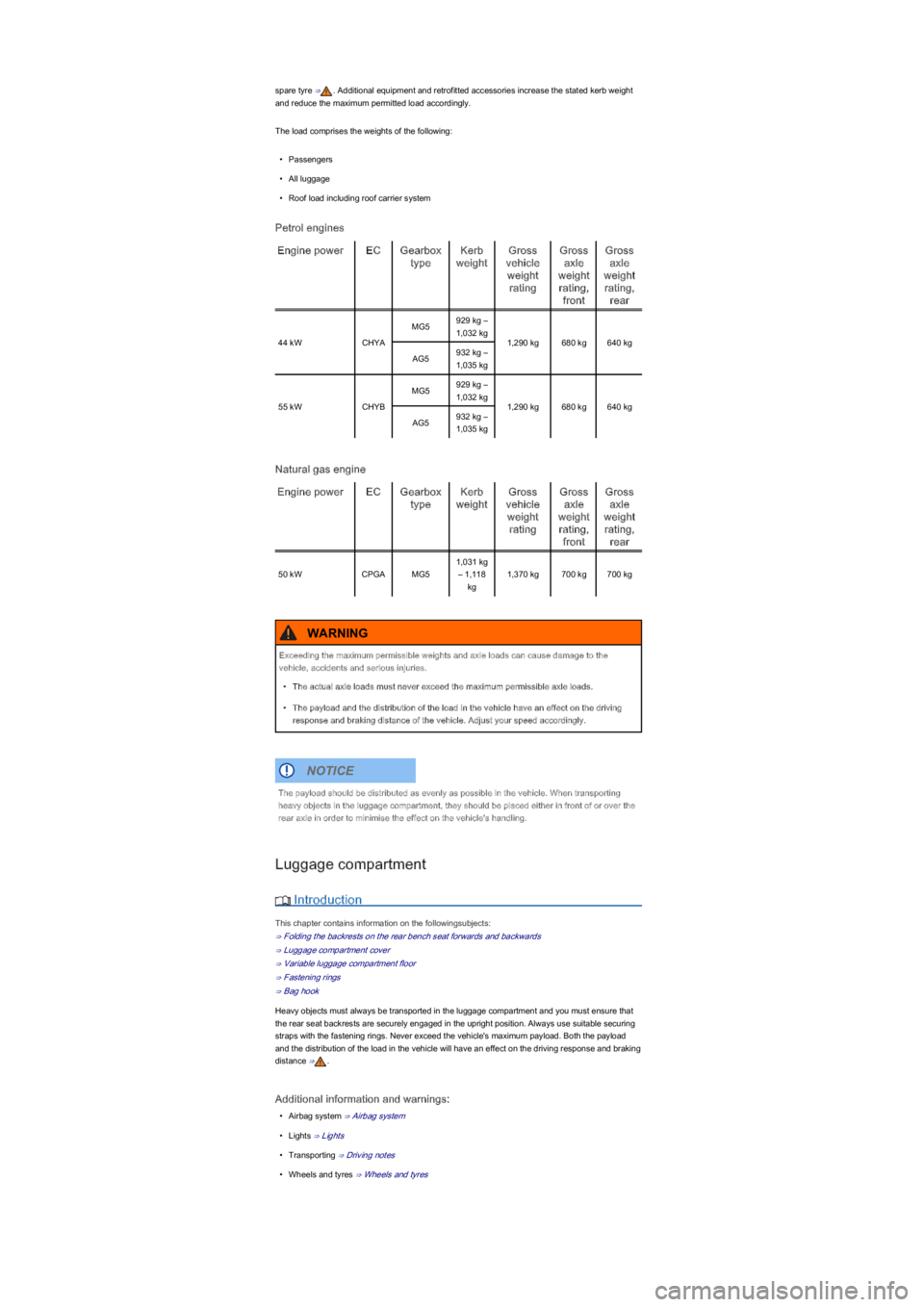 VOLKSWAGEN UP! 2018  Owners Manual spare tyre ⇒. Additional equipment and retrofitted accessories increase the stated kerb weight 
and reduce the maximum permitted load accordingly.
The load comprises the weights of the following:
\f