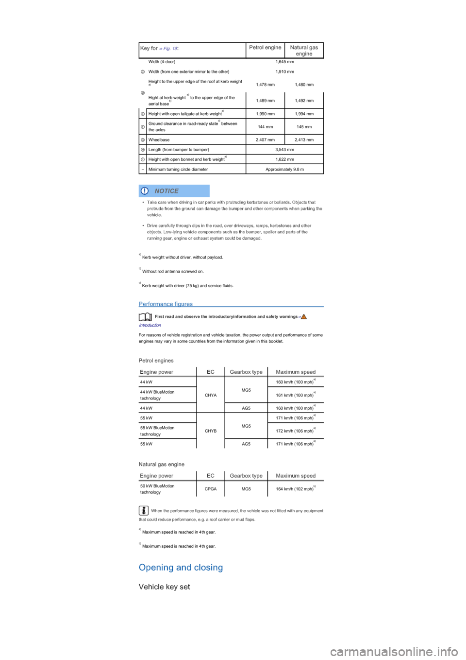 VOLKSWAGEN UP! 2015  Owners Manual Key for ⇒ Fig. 15:Petrol engineNatural gas 
engine
Width (4-dooryf1,645 mm
ⒸWidth (from one exterior mirror to the otheryf1,910 mm
Ⓓ
Height to the upper edge of the roof at kerb weight 1,478 m