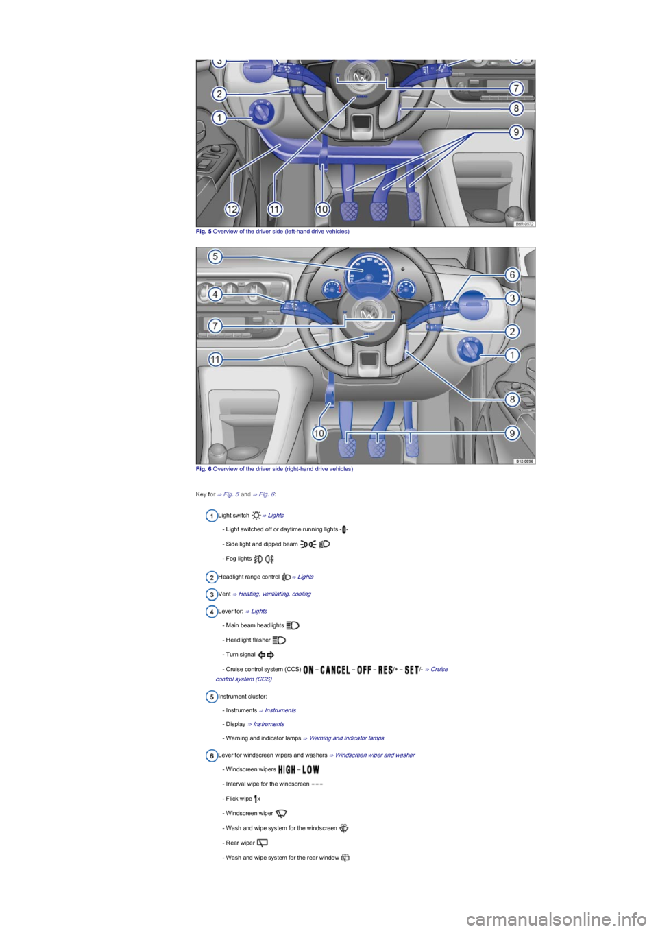 VOLKSWAGEN UP! 2015  Owners Manual Fig. 5 Overview of the driver side (left-hand drive vehiclesyf
Fig. 6 Overview of the driver side (right-hand drive vehiclesyf
Key for ⇒ Fig. 5 and ⇒ Fig. 6:
Light switch ⇒ Lights
- Light 