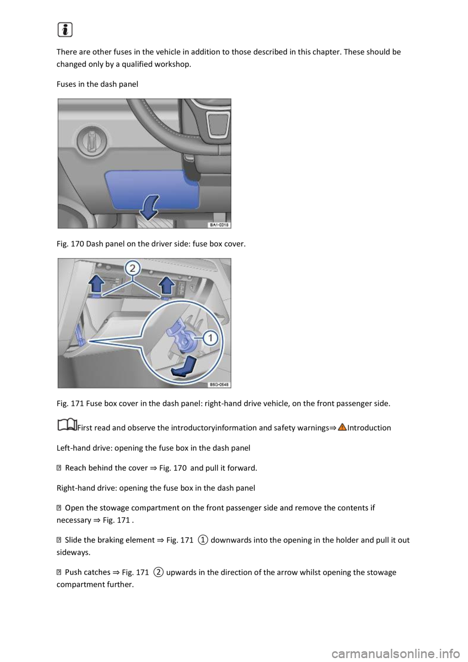 VOLKSWAGEN T-ROC 2020  Owners Manual There are other fuses in the vehicle in addition to those described in this chapter. These should be 
changed only by a qualified workshop. 
Fuses in the dash panel 
 
Fig. 170 Dash panel on the drive