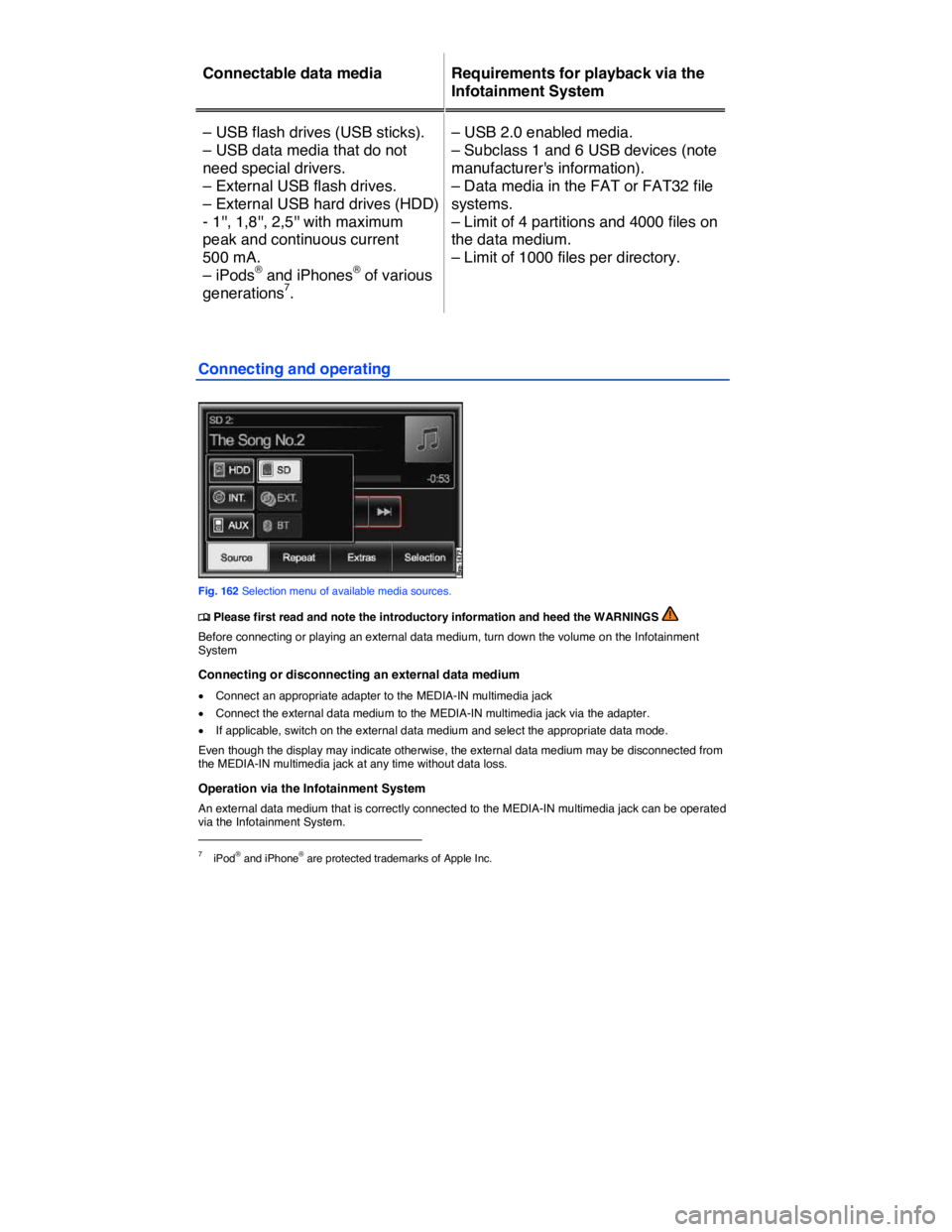 VOLKSWAGEN TOUAREG 2012  Owners Manual  
Connectable data media   Requirements for playback via the 
Infotainment System  
– USB flash drives (USB sticks). 
– USB data media that do not 
need special drivers. 
– External USB flash dr