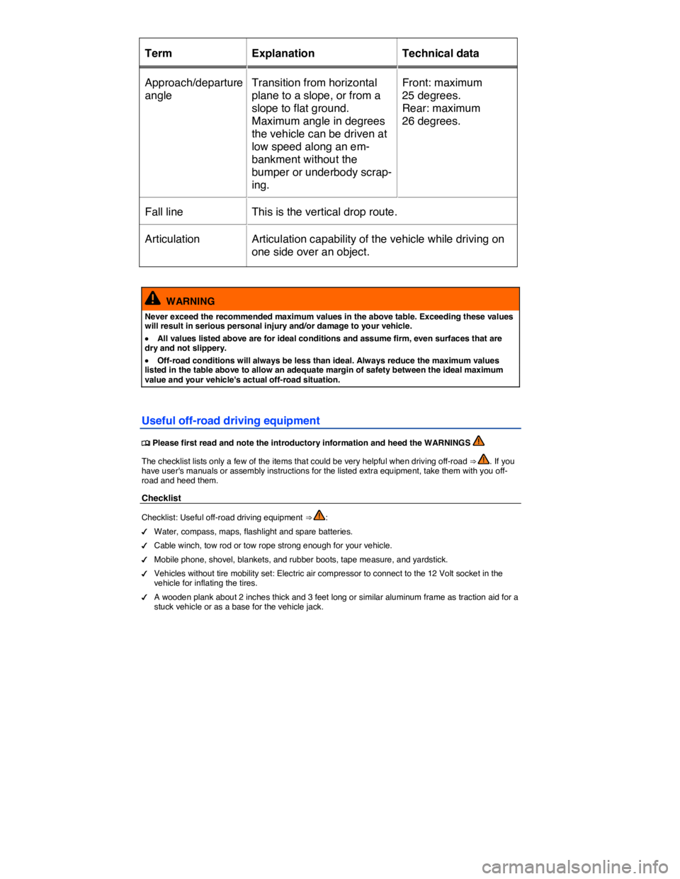 VOLKSWAGEN TOUAREG 2012  Owners Manual  
Term   Explanation   Technical data  
Approach/departure 
angle  
Transition from horizontal 
plane to a slope, or from a 
slope to flat ground. 
Maximum angle in degrees 
the vehicle can be driven 