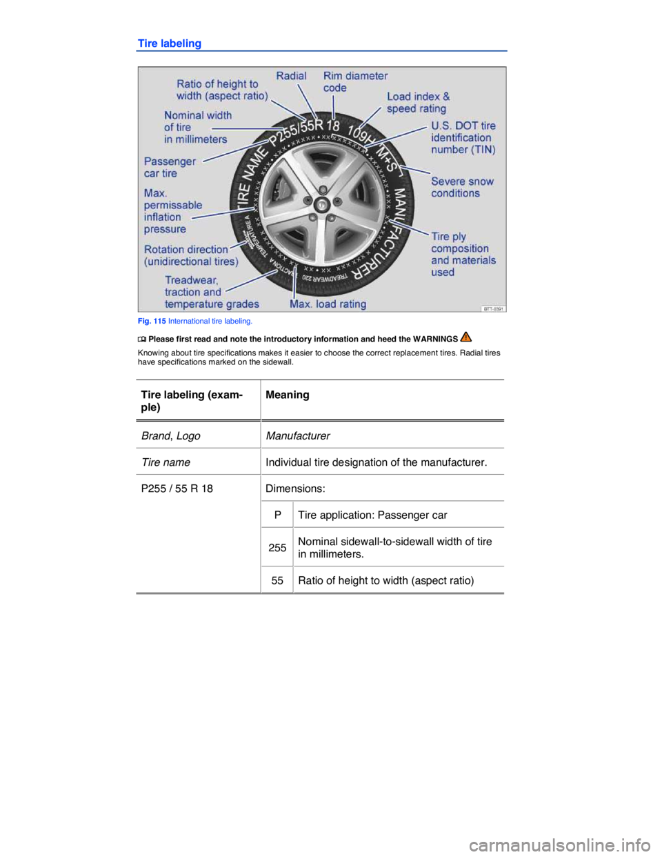 VOLKSWAGEN TOUAREG 2011  Owners Manual  
Tire labeling 
 
Fig. 115 International tire labeling. 
�