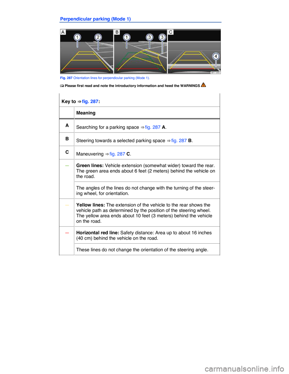 VOLKSWAGEN TOUAREG 2010  Owners Manual  
Perpendicular parking (Mode 1) 
 
Fig. 287 Orientation lines for perpendicular parking (Mode 1). 
�