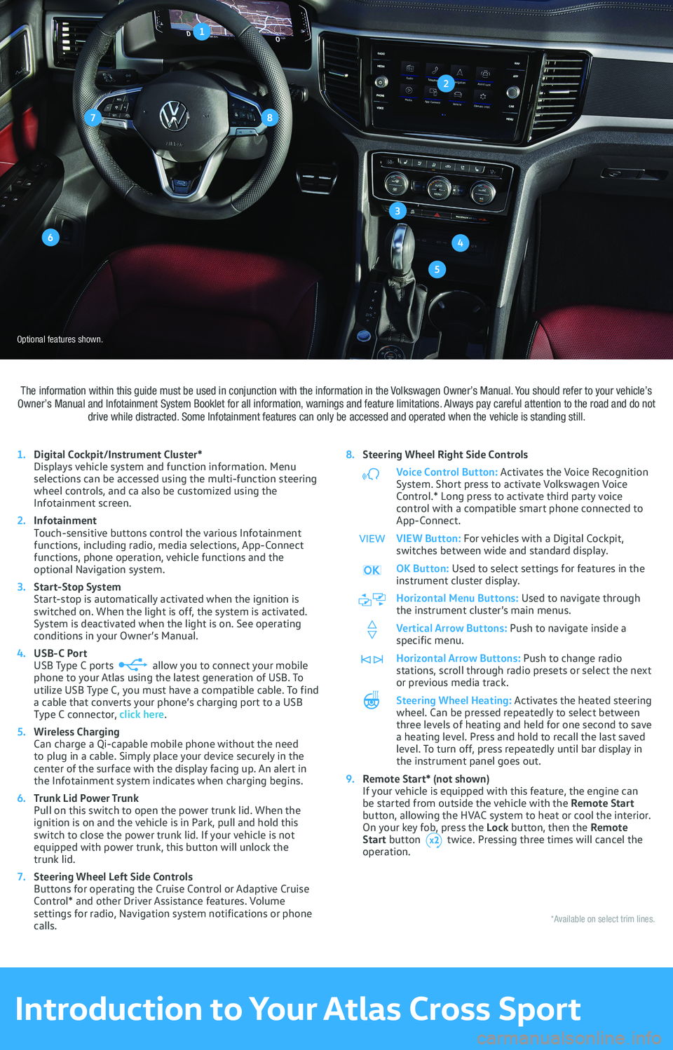 VOLKSWAGEN ATLAS CROSS SPORT 2021  Owners Manual 1
3
5
87
2
4
The information within this guide must be used in conjunction with the information in the Volkswagen Owner