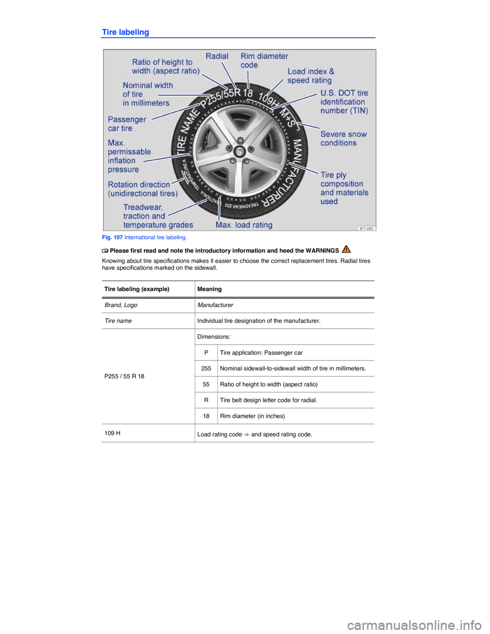 VOLKSWAGEN SCIROCCO 2017  Owners Manual  
Tire labeling 
 
Fig. 107 International tire labeling. 
�