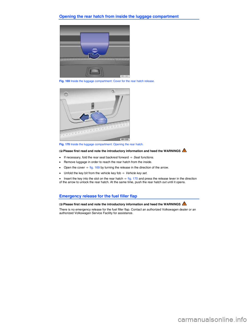 VOLKSWAGEN SCIROCCO 2017  Owners Manual  
Opening the rear hatch from inside the luggage compartment 
 
Fig. 169 Inside the luggage compartment: Cover for the rear hatch release. 
 
Fig. 170 Inside the luggage compartment: Opening the rear 
