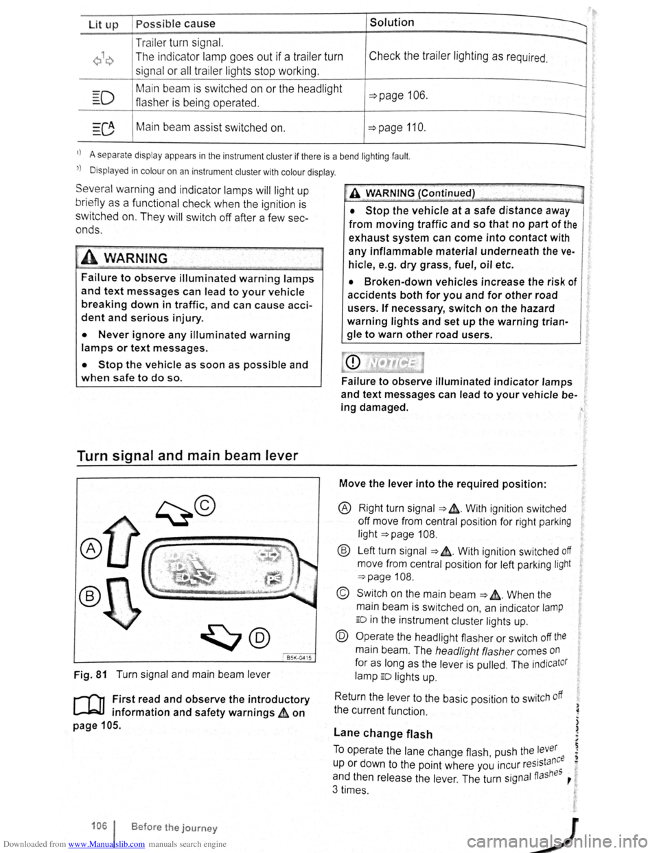 VOLKSWAGEN SCIROCCO 2008  Owners Manual Downloaded from www.Manualslib.com manuals search engine Lit up Possible cause Solution 
Tr ailer  turn signal. -...... 
Q\~ The indica tor lamp goe s out if a tra iler  turn Check  the  trailer  l ig