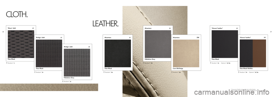 VOLKSWAGEN SHARAN 2020  Owners Manual ‘Vienna’ leather†     JJ
Titan Black 
‘Vienna’ leather†     XY
Titan Black/Buffalo Alcantara          JJ
Titan Black 
‘Move’ cloth         JJ
Titan Black
‘Bridge’ cloth          JJ