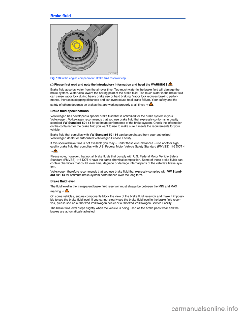 VOLKSWAGEN BEETLE 2019  Owners Manual  
Brake fluid 
 
Fig. 123 In the engine compartment: Brake fluid reservoir cap. 
�