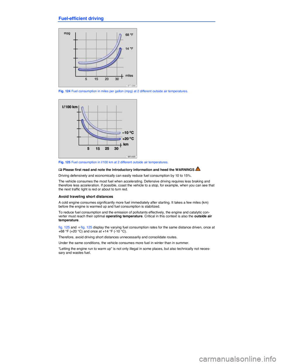 VOLKSWAGEN BEETLE 2017  Owners Manual  
Fuel-efficient driving 
 
Fig. 124 Fuel consumption in miles per gallon (mpg) at 2 different outside air temperatures. 
 
Fig. 125 Fuel consumption in l/100 km at 2 different outside air temperature