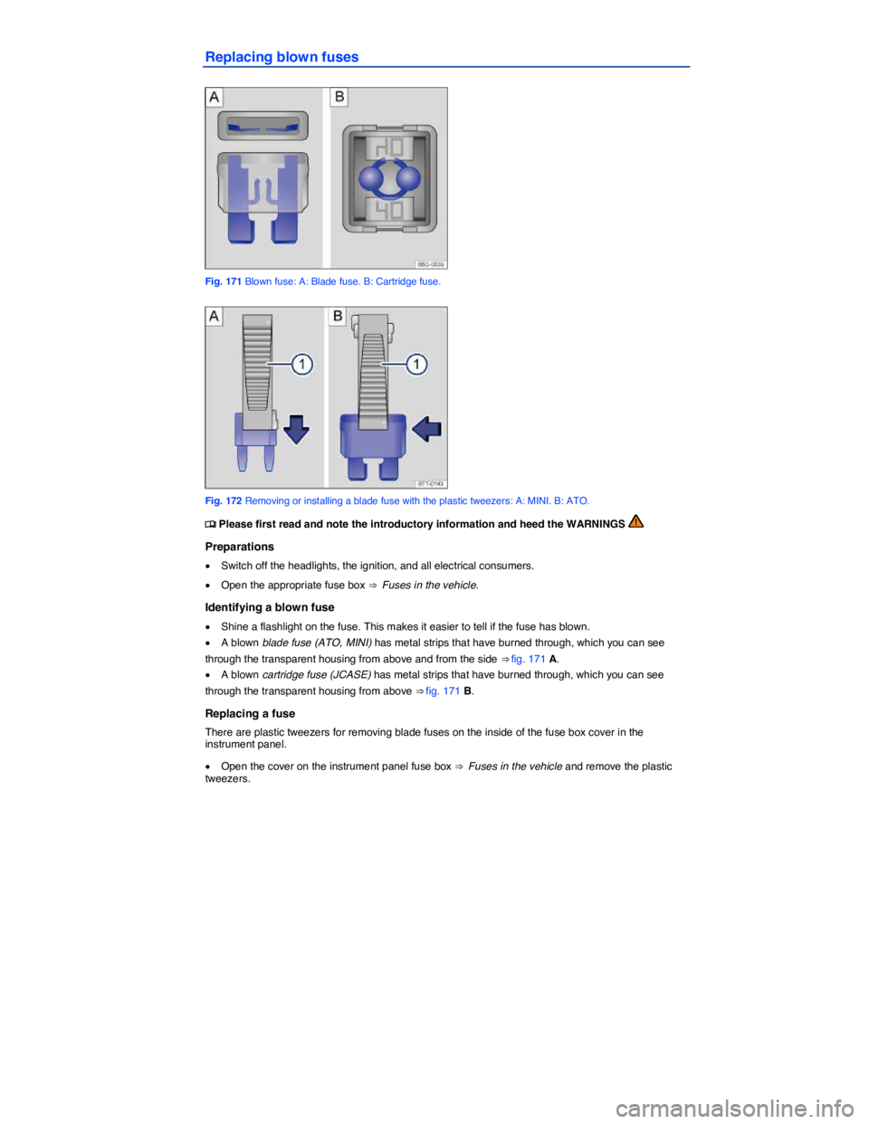 VOLKSWAGEN BEETLE 2017  Owners Manual  
Replacing blown fuses 
 
Fig. 171 Blown fuse: A: Blade fuse. B: Cartridge fuse. 
 
Fig. 172 Removing or installing a blade fuse with the plastic tweezers: A: MINI. B: ATO. 
�
