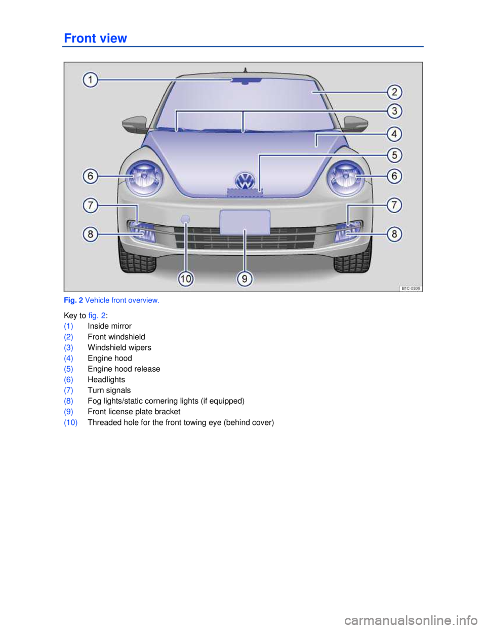 VOLKSWAGEN BEETLE 2012  Owners Manual  
Front view 
 
Fig. 2 Vehicle front overview. 
Key to fig. 2: 
(1) Inside mirror  
(2) Front windshield 
(3) Windshield wipers  
(4) Engine hood  
(5) Engine hood release  
(6) Headlights  
(7) Turn 