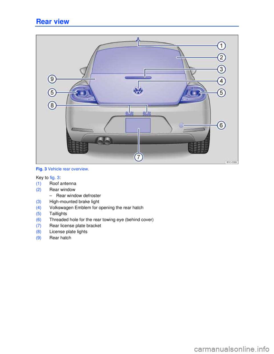 VOLKSWAGEN BEETLE 2012  Owners Manual  
Rear view 
 
Fig. 3 Vehicle rear overview. 
Key to fig. 3: 
(1) Roof antenna  
(2) Rear window 
–  Rear window defroster  
(3) High-mounted brake light 
(4) Volkswagen Emblem for opening the rear 