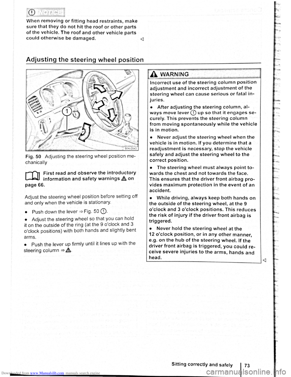 VOLKSWAGEN BEETLE 2009  Owners Manual Downloaded from www.Manualslib.com manuals search engine -
When removing or fitting head restraints, make 
sure that they do not hit the roof or other parts 
of the vehicle. The roof and other vehicle