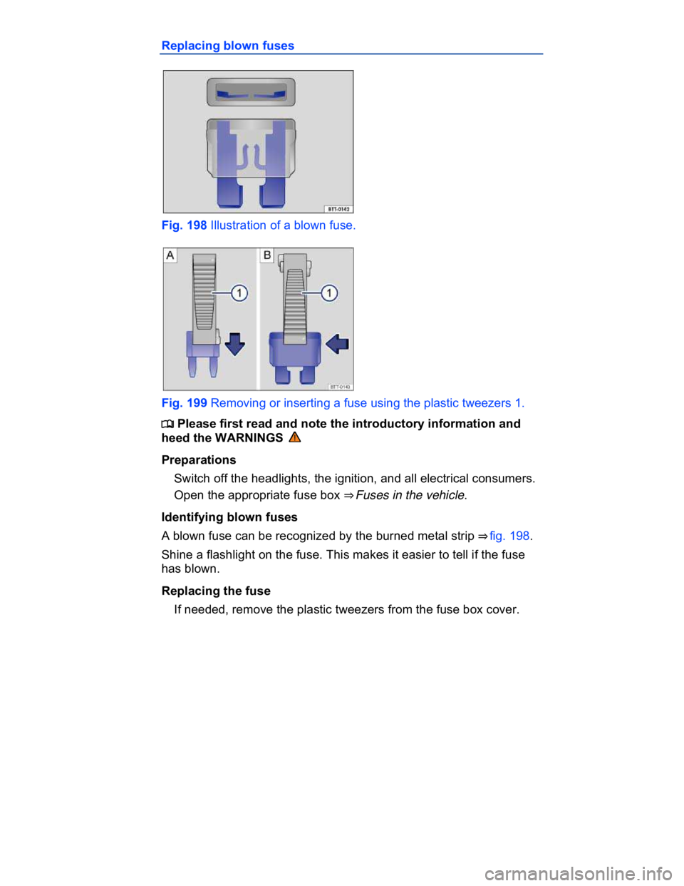 VOLKSWAGEN CC 2009  Owners Manual  
Replacing blown fuses 
 
Fig. 198 Illustration of a blown fuse. 
 
Fig. 199 Removing or inserting a fuse using the plastic tweezers 1. 
�