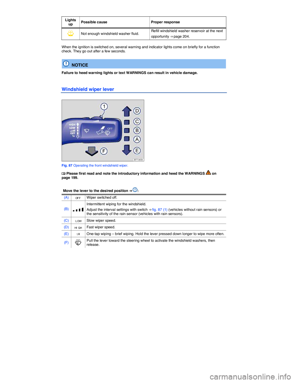 VOLKSWAGEN EOS 2008  Owners Manual  
Lights up Possible cause  Proper response 
�Y Not enough windshield washer fluid. Refill windshield washer reservoir at the next 
opportunity ⇒ page 204.  
When the ignition is switched on, seve