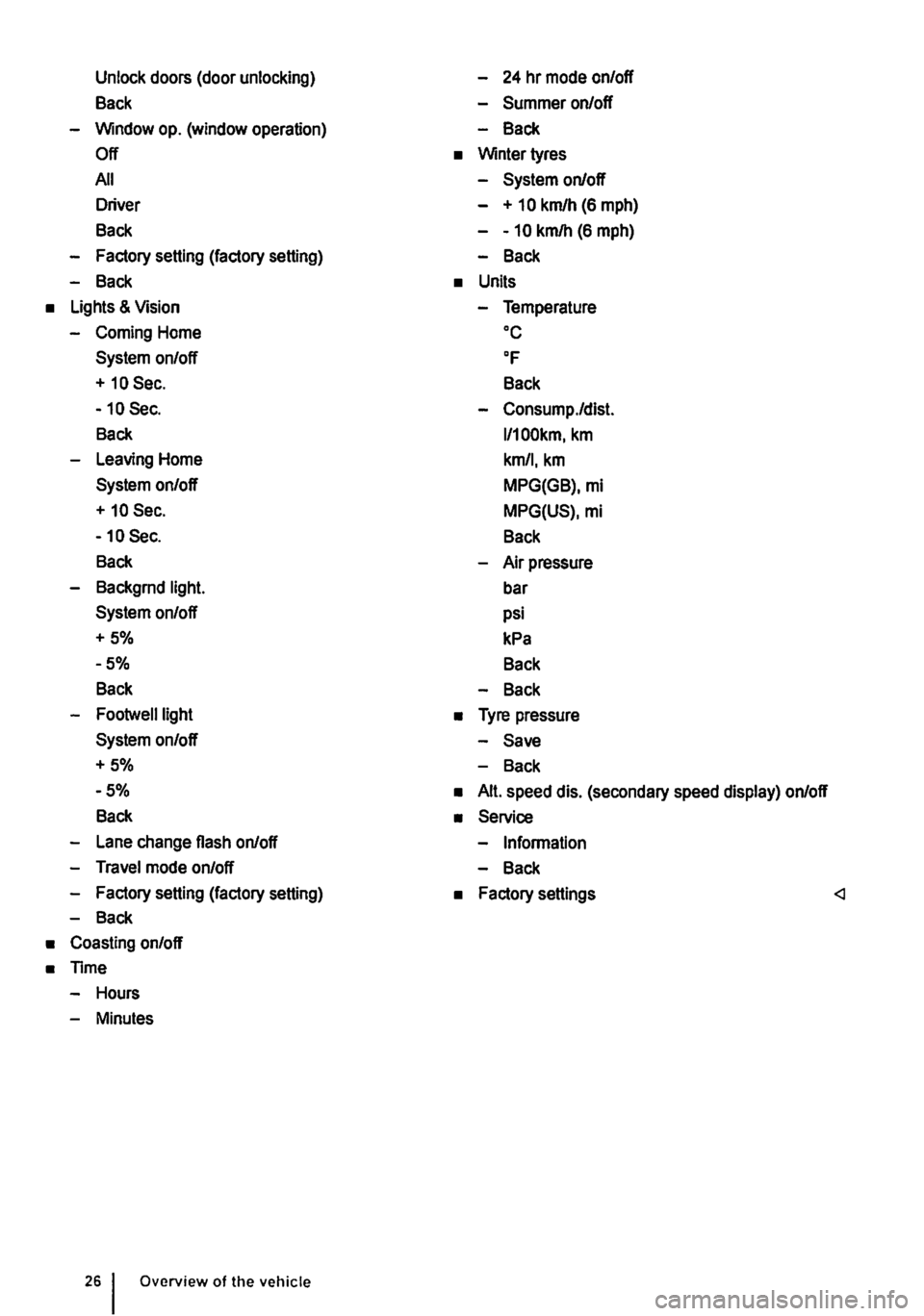 VOLKSWAGEN TRANSPORTER 2021  Owners Manual Unlock doors (door unlocking) 
Back 
-Window op. (window operation) 
Off 
All 
Driver 
Back 
-Factory setting (factory setting) 
-Back 
• Lights & Vision 
-Coming Home 
System on/off 
+ 10 Sec. 
-10