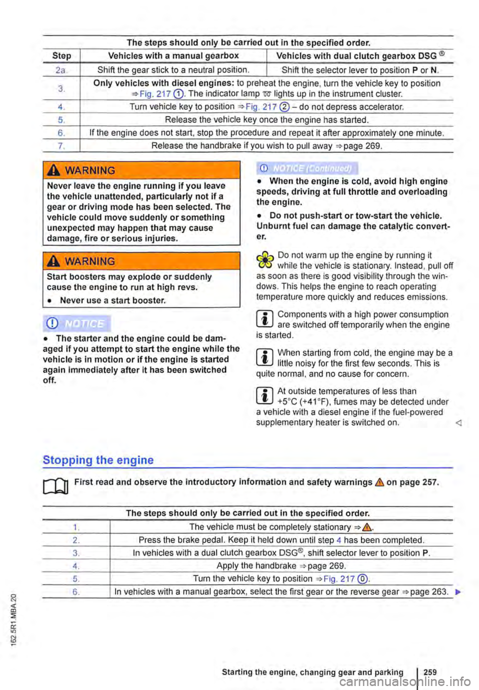 VOLKSWAGEN TRANSPORTER 2021 Owners Manual 0 " <(
" ::;
oc " N
The steps should only be carried out In the specified order.
Step Vehicles with a manual gearbox I Vehicles with dual clutch gearbox DSG ®
2a. Shift the gear stick to a ne VOLKSWAGEN TRANSPORTER 2021 Owners Manual 0 " <(
" ::;
oc " N
The steps should only be carried out In the specified order.
Step Vehicles with a manual gearbox I Vehicles with dual clutch gearbox DSG ®
2a. Shift the gear stick to a ne