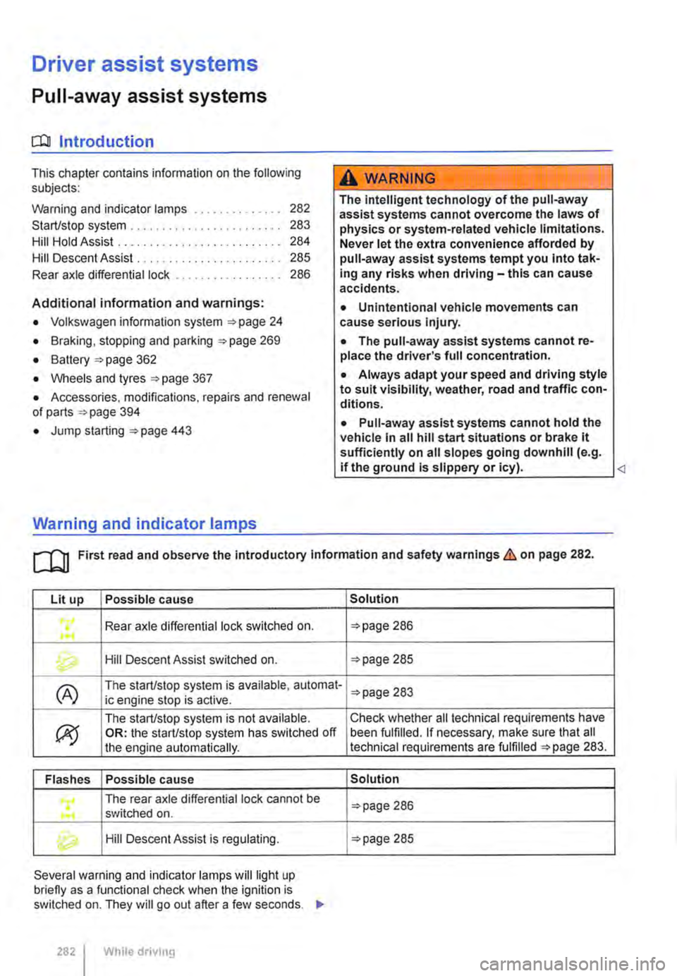 VOLKSWAGEN TRANSPORTER 2021 Owners Manual Driver assist systems
Pull-away assist systems
cr:n Introduction
This chapter contains information on the following subjects:
Warning and indicator lamps . . . . . . . . . . . . . . 282
Start/sto VOLKSWAGEN TRANSPORTER 2021 Owners Manual Driver assist systems
Pull-away assist systems
cr:n Introduction
This chapter contains information on the following subjects:
Warning and indicator lamps . . . . . . . . . . . . . . 282
Start/sto