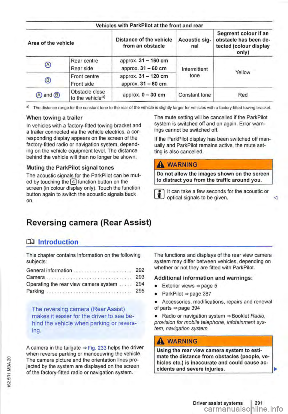 VOLKSWAGEN TRANSPORTER 2021 Owners Manual Vehicles with ParkPilot at the front and rear
Segment colour if an
Area of the vehicle Distance of the vehicle Acoustic sig-obstacle has been de-from an obstacle nal tected (colour display only)
® VOLKSWAGEN TRANSPORTER 2021 Owners Manual Vehicles with ParkPilot at the front and rear
Segment colour if an
Area of the vehicle Distance of the vehicle Acoustic sig-obstacle has been de-from an obstacle nal tected (colour display only)
®