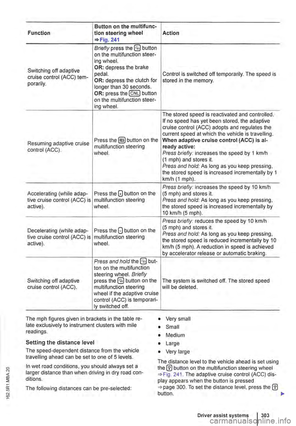 VOLKSWAGEN TRANSPORTER 2021  Owners Manual Button on the multifunc-
!Action Function tlon steering wheel 241 
Briefly press the §] button on the multifunction steer-ing wheel. 
Switching off adaptive OR: depress the brake 
cruise control (ACC