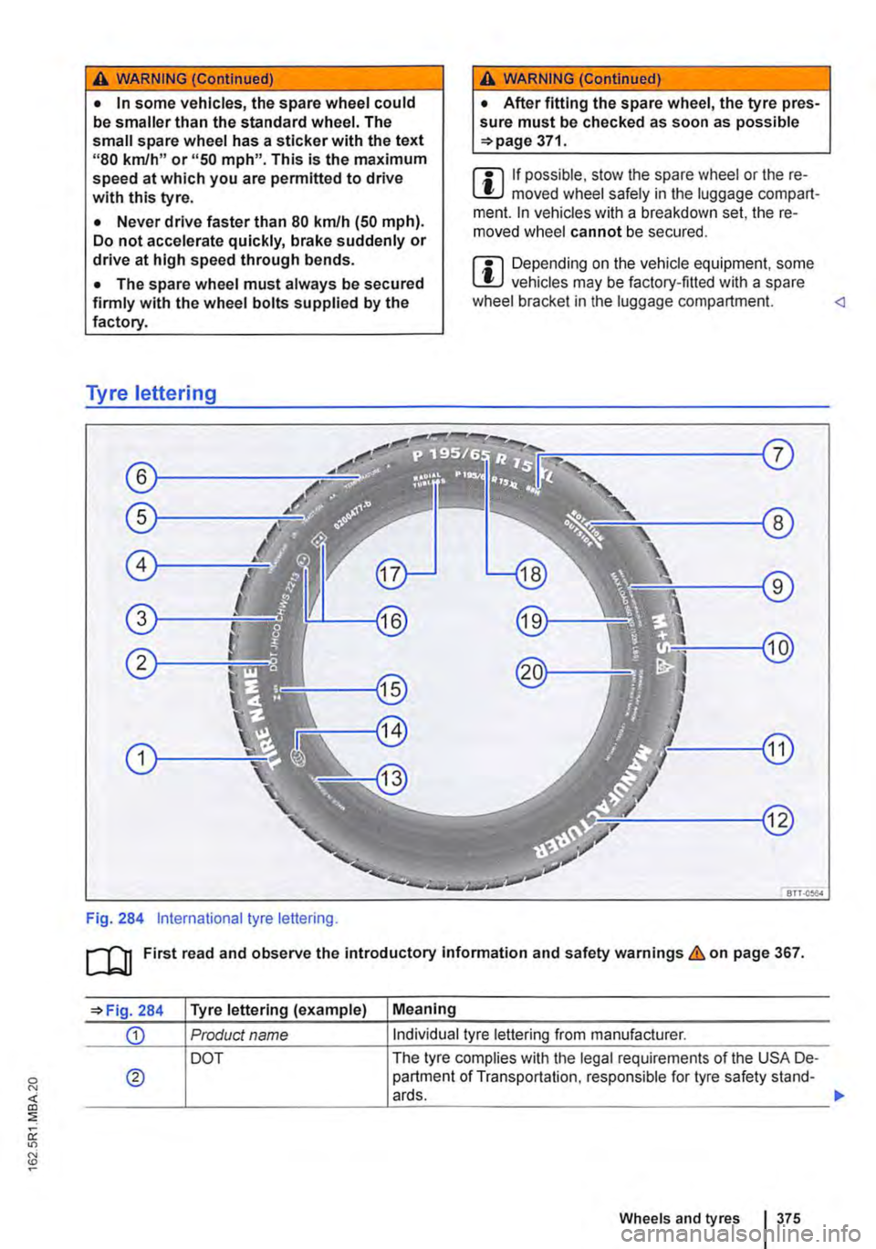 VOLKSWAGEN TRANSPORTER 2021 Owners Manual A WARNING (Continued)
• In some vehicles, the spare wheel could be smaller than the standard wheel. The small spare wheel has a sticker with the text "80 km/h" or "50 mph". This is the maximum spee VOLKSWAGEN TRANSPORTER 2021 Owners Manual A WARNING (Continued)
• In some vehicles, the spare wheel could be smaller than the standard wheel. The small spare wheel has a sticker with the text "80 km/h" or "50 mph". This is the maximum spee