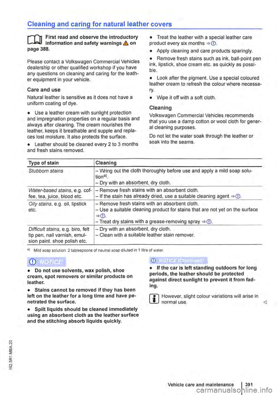 VOLKSWAGEN TRANSPORTER 2021 Owners Manual Cleaning and caring for natural leather covers
r-f"n First read and observe the introductory L-.I.::.U information and safety warnings & on page 388.
Please contact a Volkswagen Commercial Vehicles VOLKSWAGEN TRANSPORTER 2021 Owners Manual Cleaning and caring for natural leather covers
r-f"n First read and observe the introductory L-.I.::.U information and safety warnings & on page 388.
Please contact a Volkswagen Commercial Vehicles