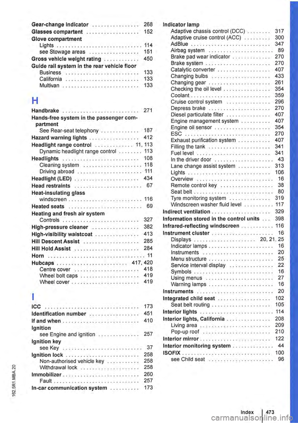 VOLKSWAGEN TRANSPORTER 2021  Owners Manual Gear-change Indicator . . . . . . . . . . • . . . . . 268 
Glasses compartent . . . . . . . . . . . . . . . . . . 152 
Glove compartment Lights ............................. 114 see Stowage areas . 