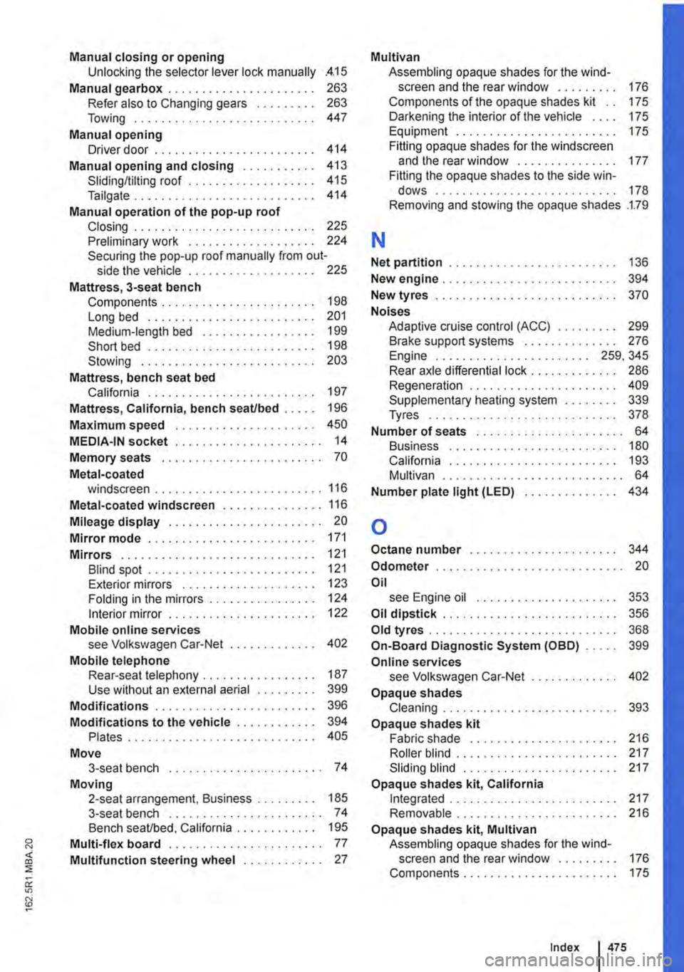 VOLKSWAGEN TRANSPORTER 2021  Owners Manual Manual closing or opening Unlocking the selector lever lock manually 
Manual gearbox ..................... . Refer also to Changing gears ........ . Towing .......................... . 
Manual opening
