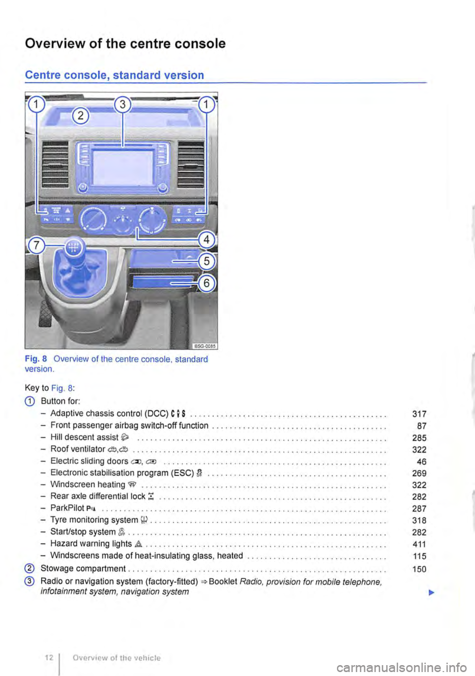 VOLKSWAGEN TRANSPORTER 2019  Owners Manual Overview of the centre console 
Centre console, standard version 
Fig. 8 Overview of the centre console. standard version. 
Key to Fig. 8: 
CD Button for: 
-Adaptive chassis control (DCC) C I S ......