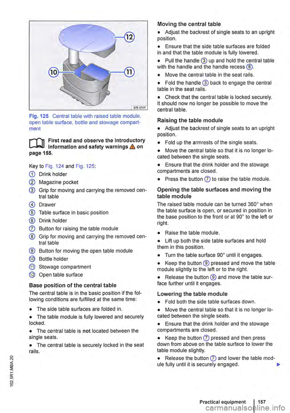 VOLKSWAGEN TRANSPORTER 2019  Owners Manual Fig. 125 Central table with raised table module, open table surface. bottle and stowage compart-ment 
r-111 First read and observe the Introductory l.-Jr:-lJ Information and safety warnings & on page