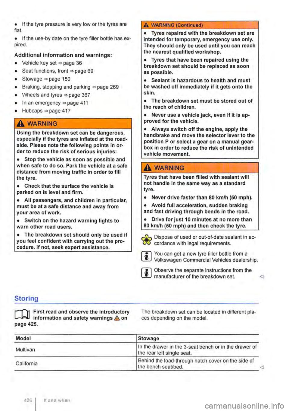 VOLKSWAGEN TRANSPORTER 2019  Owners Manual • If the tyre pressure is very low or the tyres are flat. 
• If the use-by date on the tyre filler bottle has ex-pired. 
Additional information and warnings: 
• Vehicle key set 36 
• Seat func