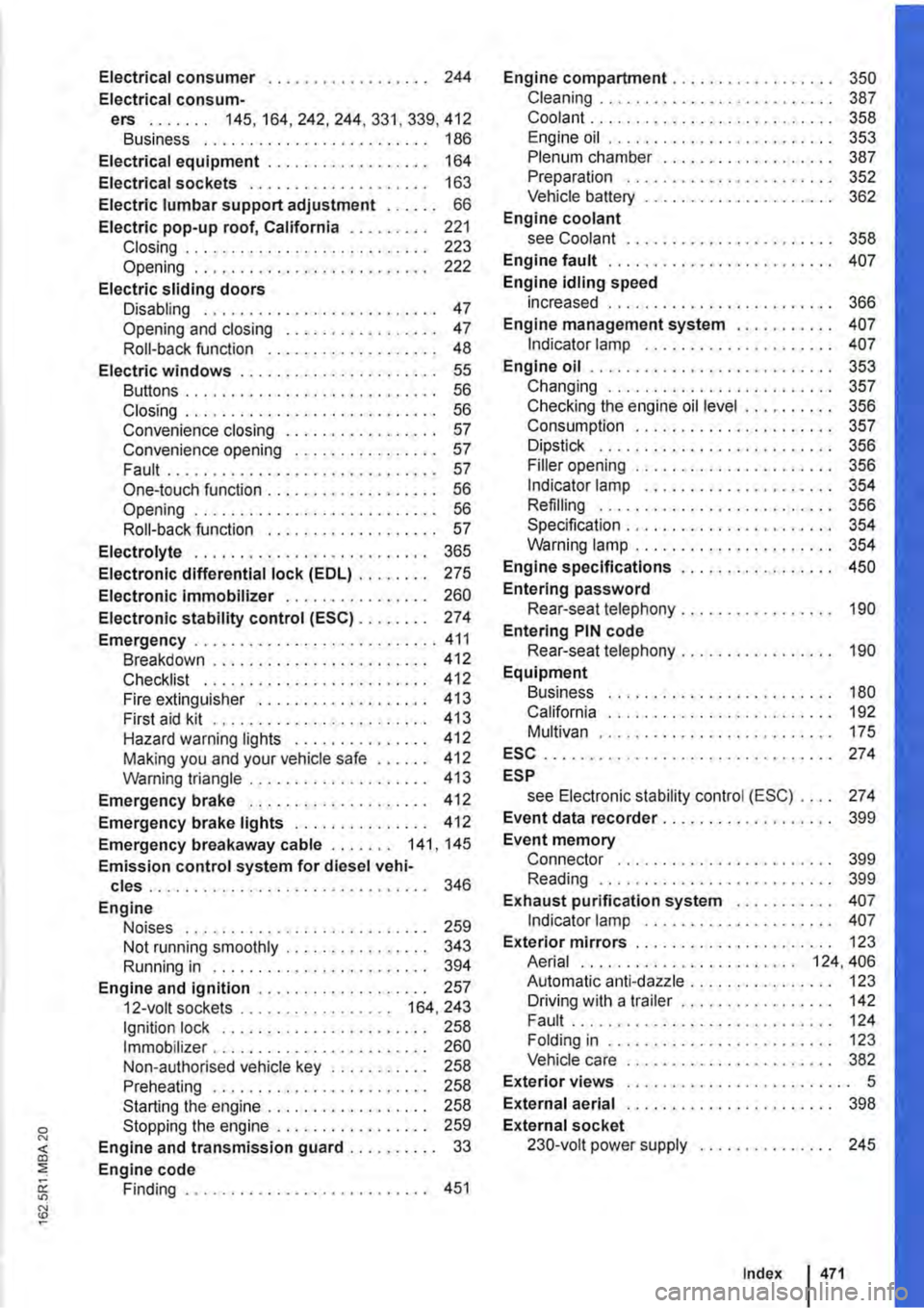 VOLKSWAGEN TRANSPORTER 2019  Owners Manual Electrical consumer . . . . . . . . . . . . . . . . . . 244 
Electrical consum-ers ....... 145,164,242,244,331,339,412 Business . . . . . . . . . . . . . . . . . . . . 186 
Electrical equipment . . . 