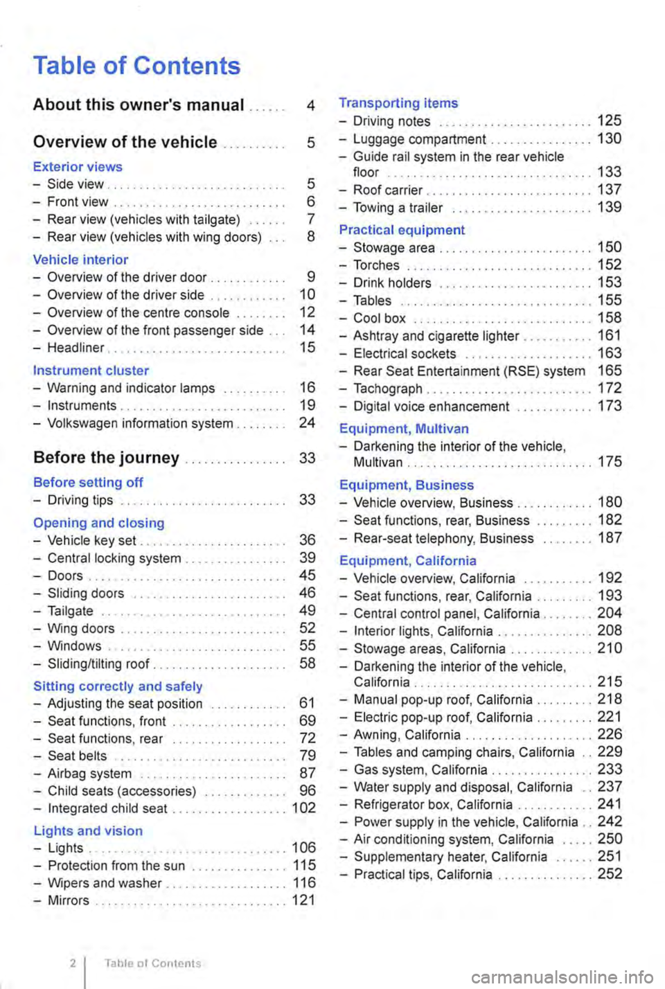 VOLKSWAGEN TRANSPORTER 2014  Owners Manual Table of Contents 
About this owners manual . . . . . . 4 
Overview of the vehicle . . . . . . . . . . 5 
Exterior views 
-Side view . . . . . . . . . . . . . . . . . . . . . . . . . . . . 5 
-Front 